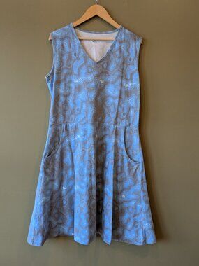 Svaha Sleeveless Topographical Map Blue Dress Pockets Cotton Blend Large V Neck